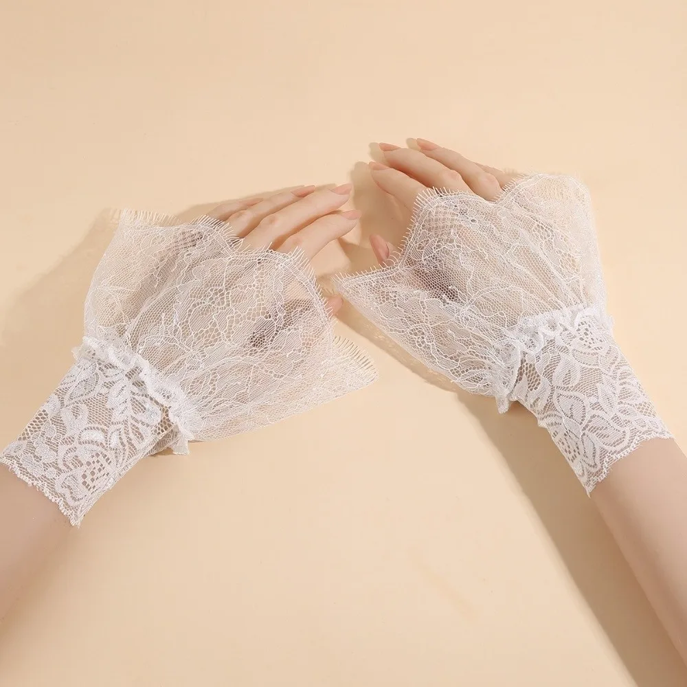 

Adjustable Lace Floral Cuffs Pleated Design Stretchable Pleated Fake Sleeves White Black Detachable Wrist Accessories