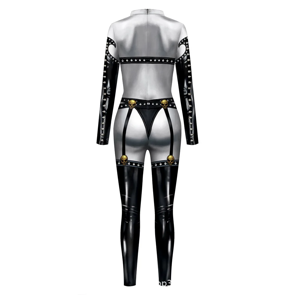 Halloween Sexy Damen Kostüm mit Digitaldruck, Karneval Bodysuit mit Reißverschluss, Party Cosplay Jumpsuit Outfit – Detail 4