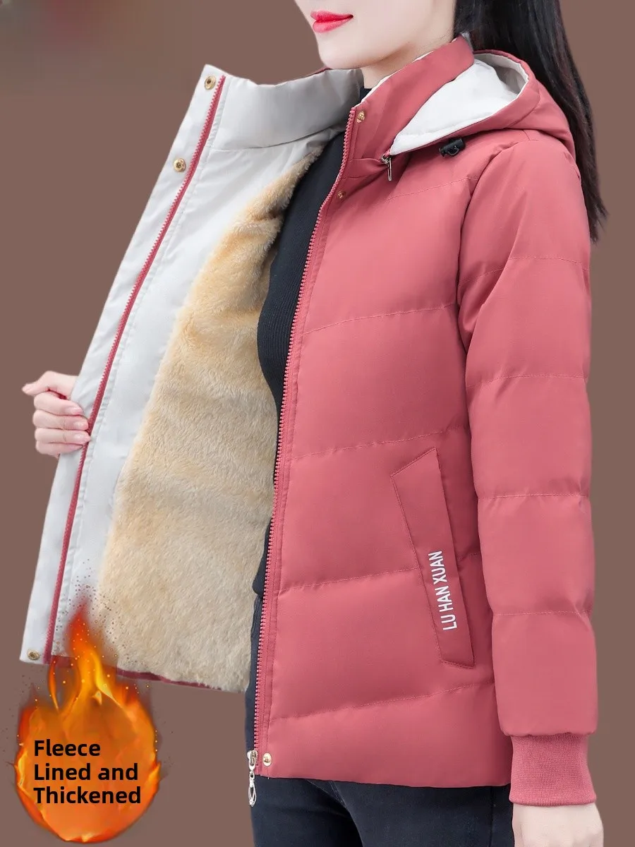 

TUCANO Fleece Lined Thickened down Cotton Jacket Women's Winter Short Style Warm Coat Korean Loose Fit Zipper Pocket Detachab...