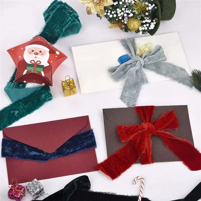 1m Flocking Hand Teared Velvet Ribbon Handmade Frayed Edged Ribbons Christmas Party Bouquet Gift Packing Decorations DIY Craft