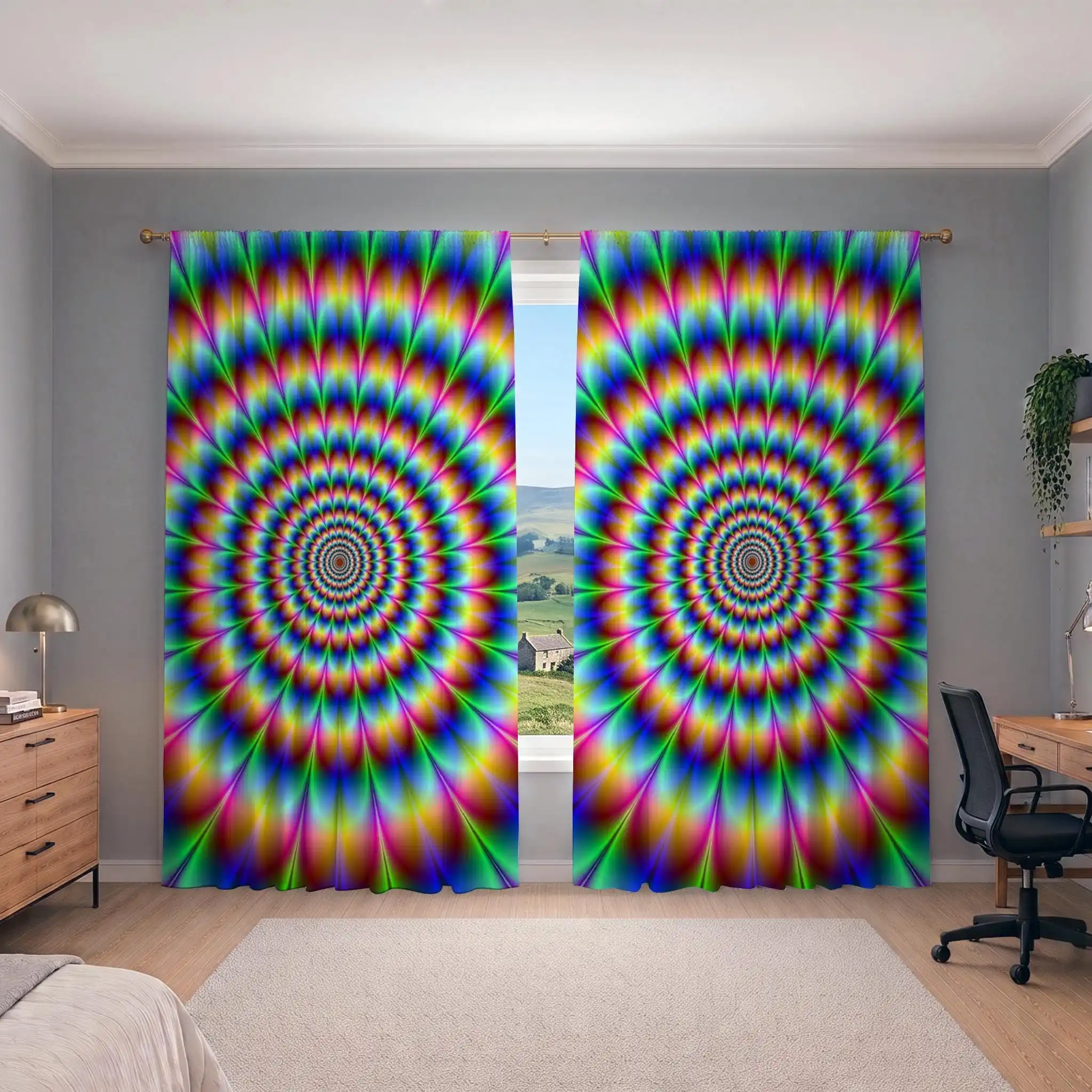 Vibrant Psychedelic Rainbow Pattern Curtain Window Drapes for Modern Home Decor Bright Colorful Living Room Accent