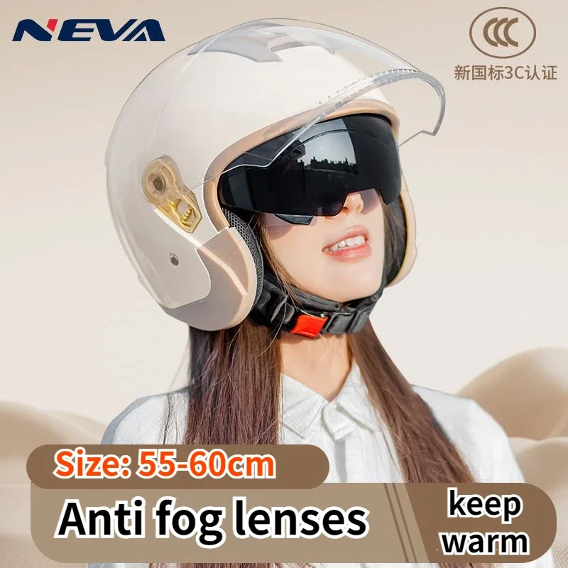 Electric Bike Dual Mirror Opening Helmet Women's Warm Winter Motorcycle Anti Fog Half Helmet Warm Lining Crash Helmet Motorcycle