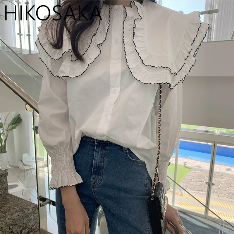 Korean New Spring Long Sleeve Top Double Ruffles Peter Pan Collar Button Up Shirts Women Blouse Fresh Sweet Elegant Blusas Mujer