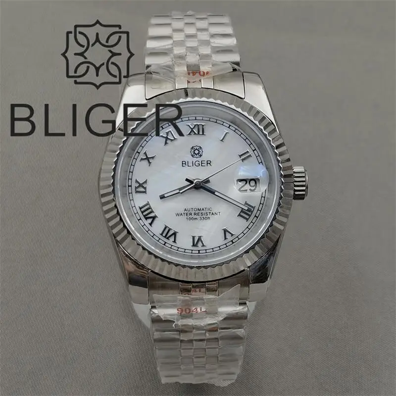 

BLIGER 36mm/39mm Silver Bezel White Pink BrowDial Roman Index NH35 Automatic Movement Mens Watch Jubilee Bracelet Green Luminous