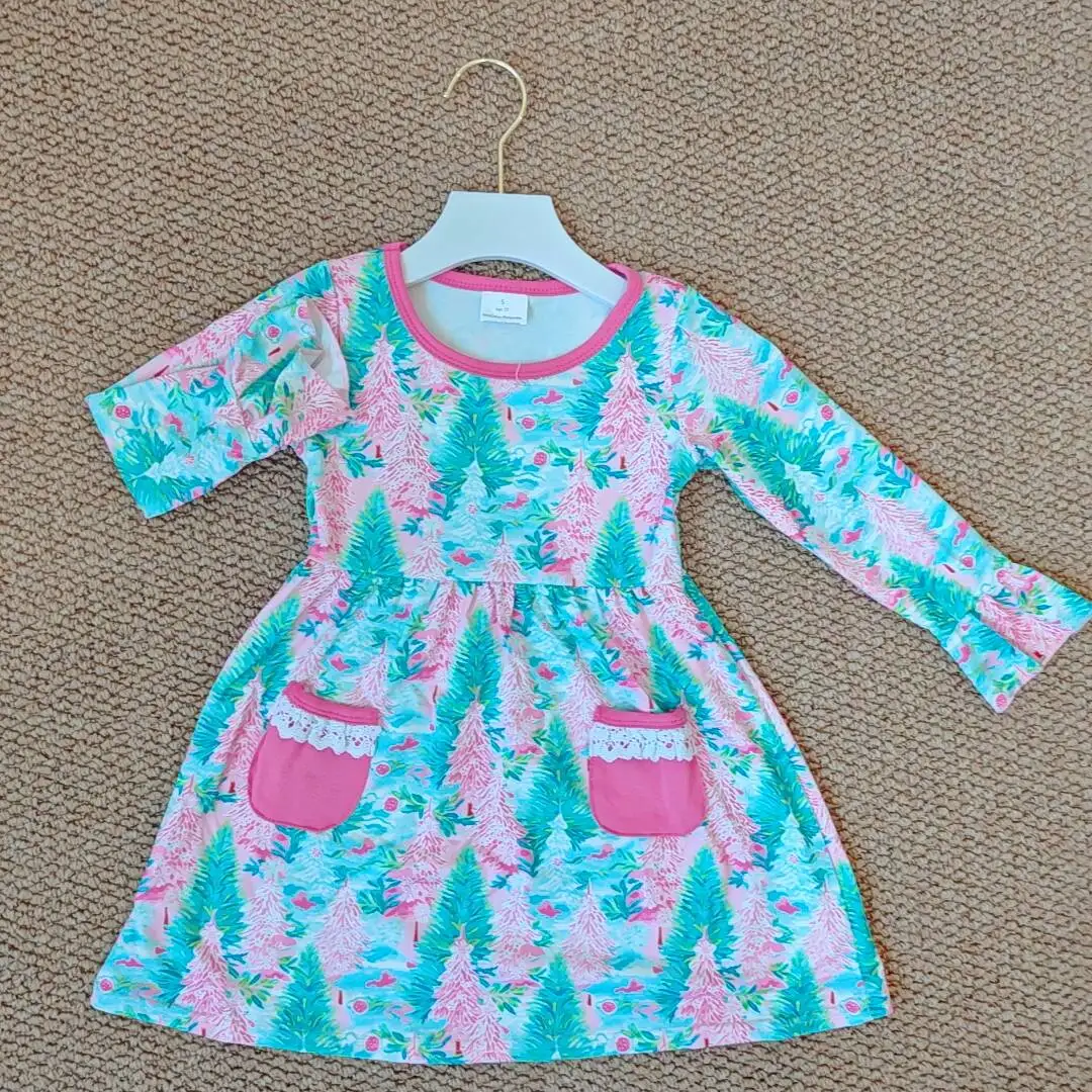 

9.26 Baby Girls Winter Dresses Baby Girls Long Ruffle Sleeves Trees Floral Pockets Knee Length Dresses