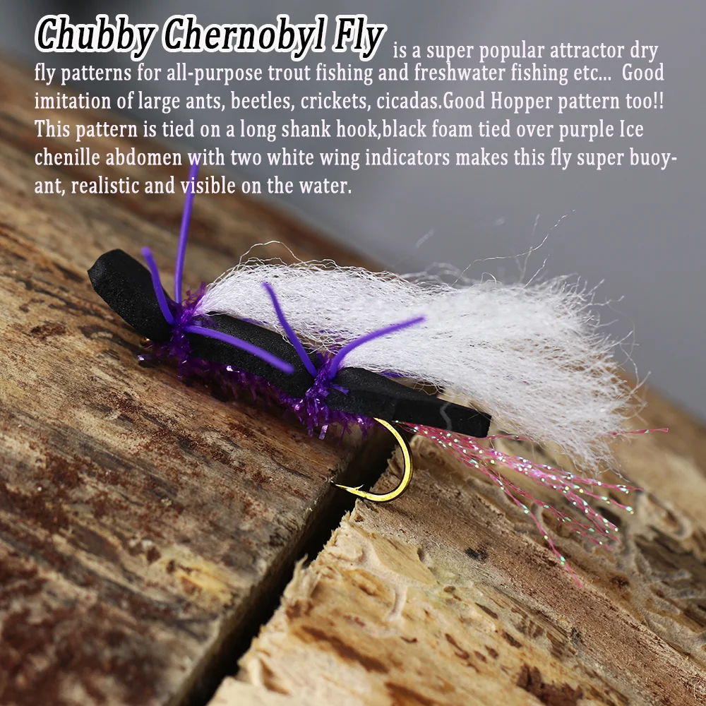 Wifreo 6pcs Fly Fishing Chubby Chernobyl Fly Rubber Legs Black Foam Body Purple Ice Chenille Belly Dry Fly Trout Fishing Lures