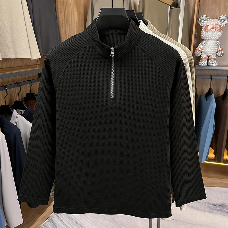 Mens Knitted Sweater Long Sleeve Stand Collar Halfzip Textured Pullover Autumn Winter Fashion Casual Classic Versatile Mens Wear