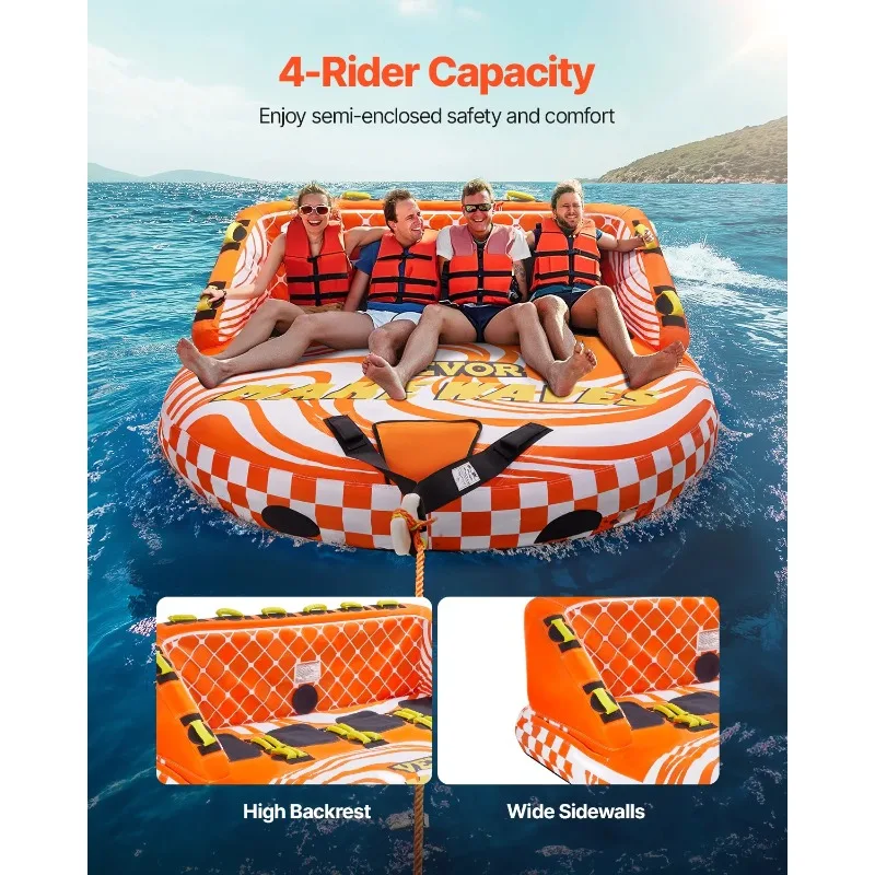Towable Tube for Boating 1-4 Riders Inflatable Boat Tubes and Towables 680lbs Water Sport Towable Tube for Boat to Pull