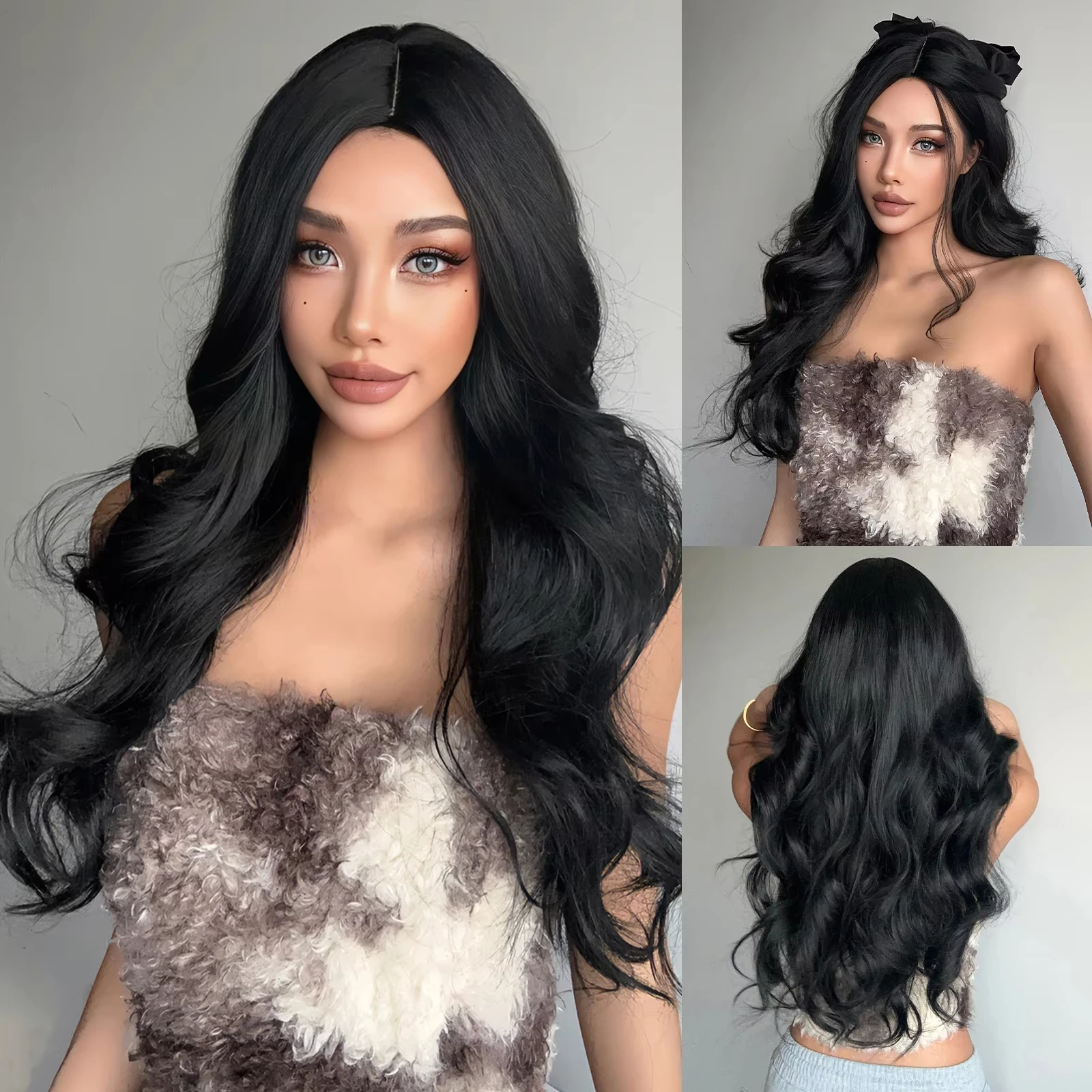 

Black synthetic wig with big waves for Halloween cosplay. Suitable for daily wear. Comes with a high-temperature hair cap.