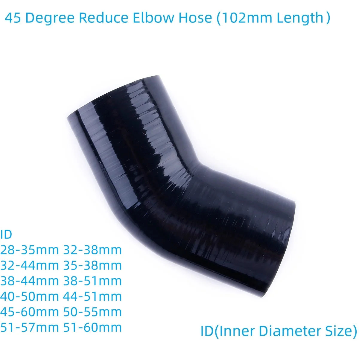 Black 45 Degree Reduce Elbow General 3PLY Silicone Coolant Intercooler Pipe ID 28mm 32mm 35mm 38mm 40mm 45mm 50mm 57mm 60mm