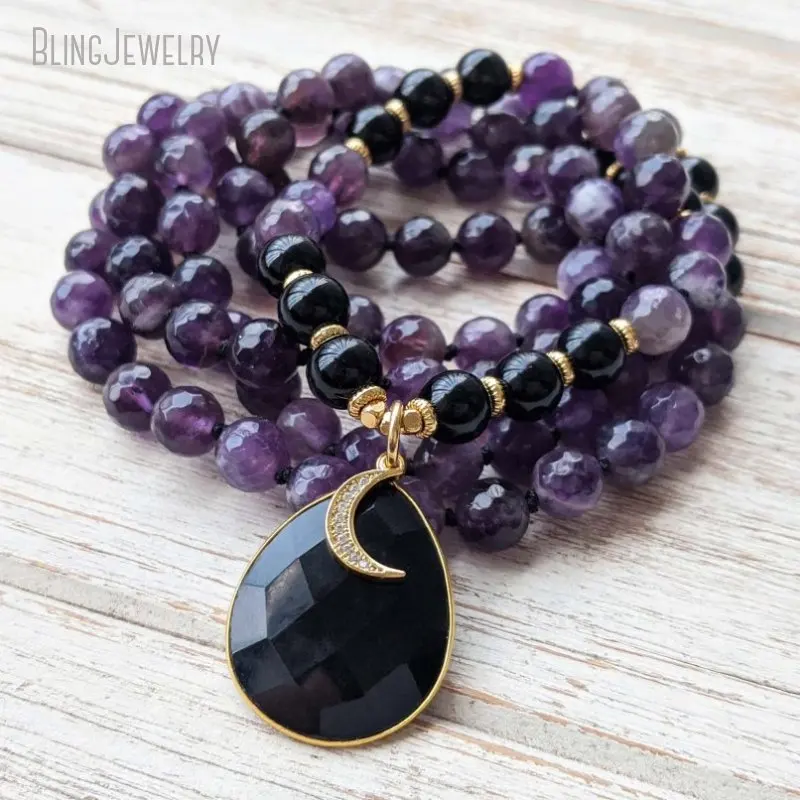 

10pcs 108 Mala Bead Necklace Amethyst Onyx Women Long Layer Japamala Meditation Yoga Spirit Tibetan Buddha Jewelry