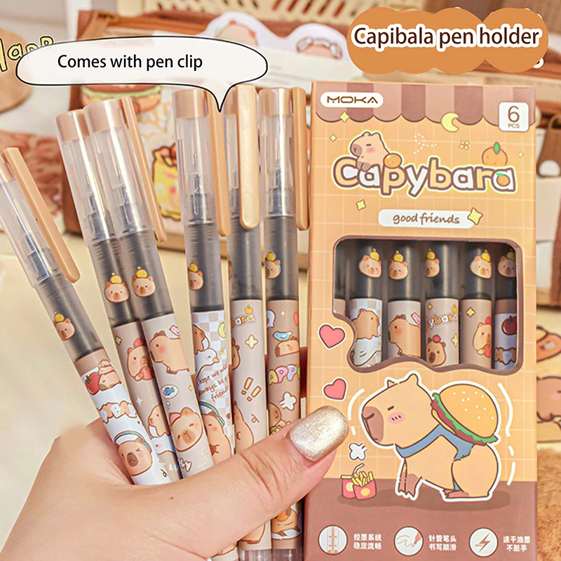 Kawaii Capybara-Stylos gel d'écriture, stylos à encre noire lisse, accessoires de bureau, école, étudiant, enseignant, cadeau esthétique, papeterie, 6 pièces