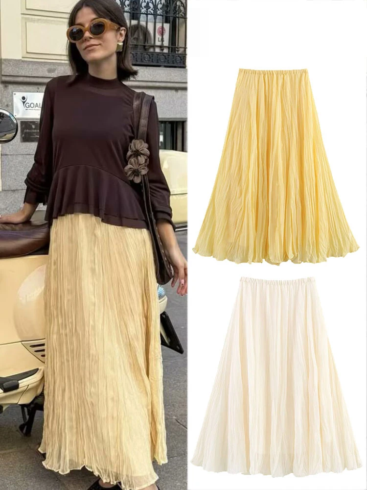 

HH 2025 Summer Women's Beach Style Pleated Skirt Retro High Waist Women's Casual Skirt with Strap Lined Fashion Streetwear