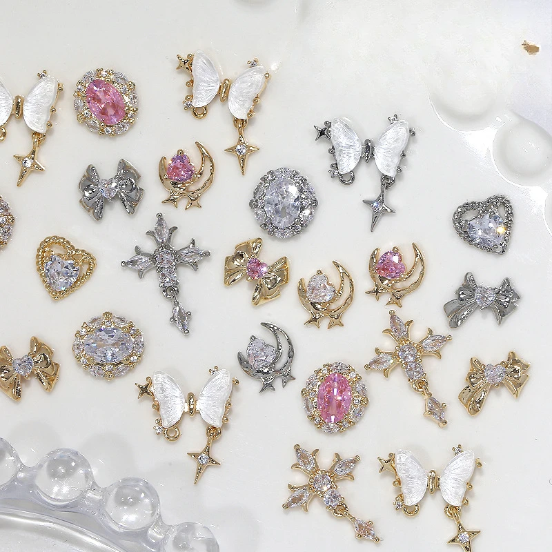 Dazzling Rhinestone Nail Art Accessories 10Pcs Alloy 3D Nail Decorations Luxurious Sparkling Heart Bow Cross Moon Decorations