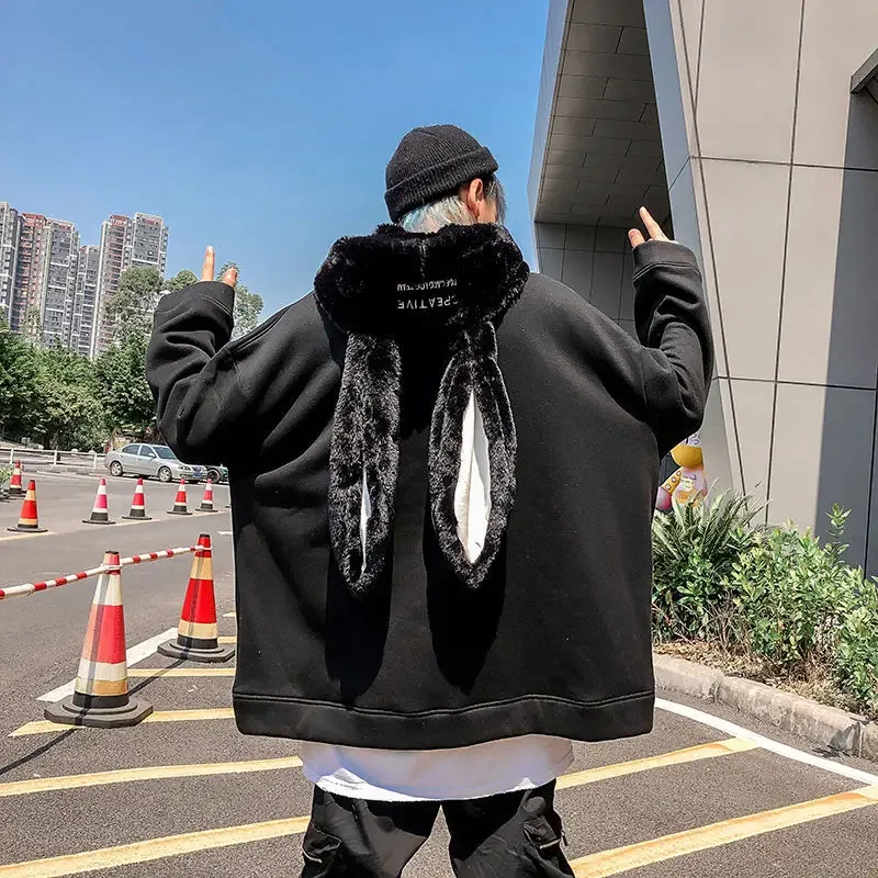 

Autumn Gothic Harajuku Style Couple Hoodie Sweet Cute Rabbit Ear Pullover Fashio Loose Slim Kawaii Jakcet Black Animal Coat goth