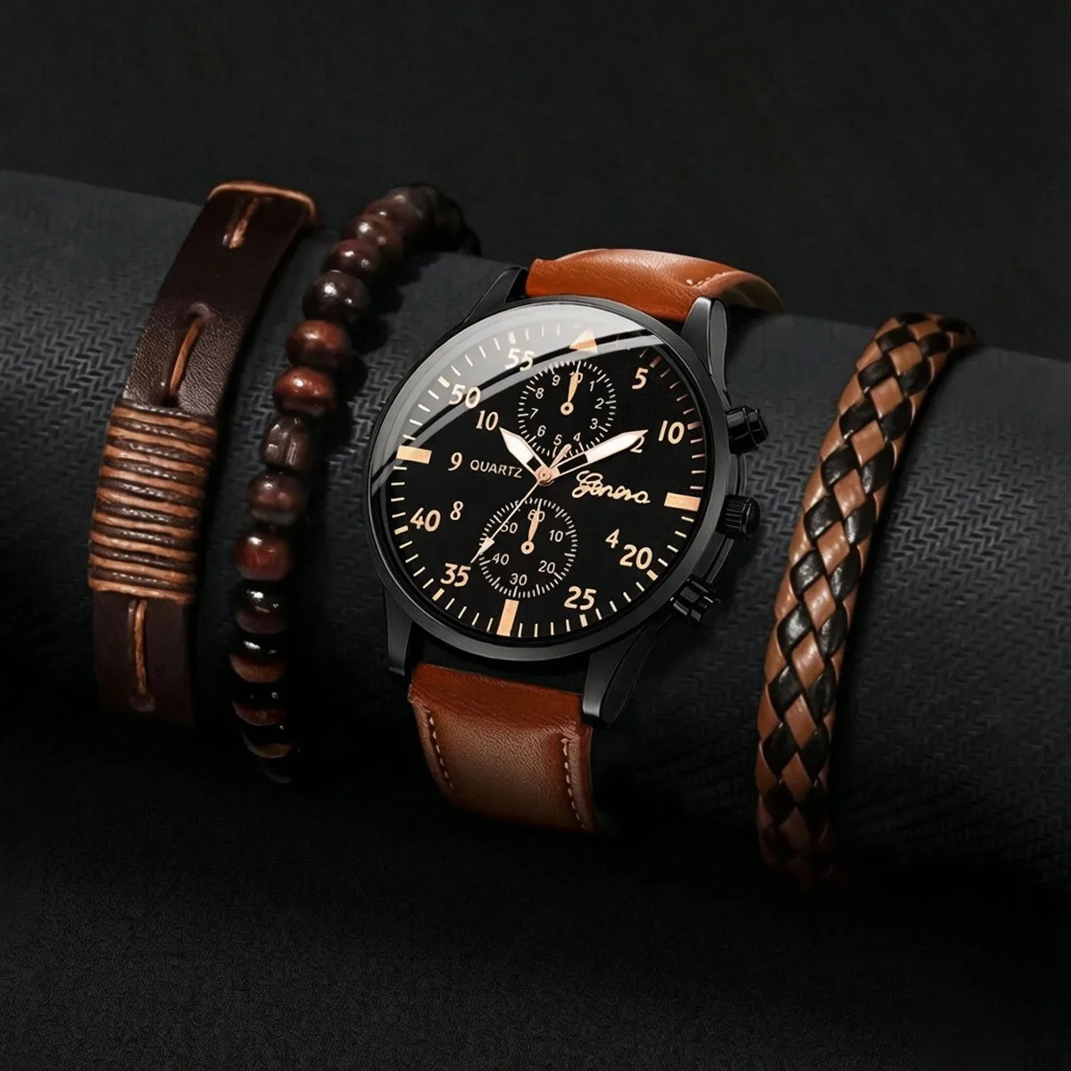4-piece men's versatile fashion watch set, business binocular quartz watch set