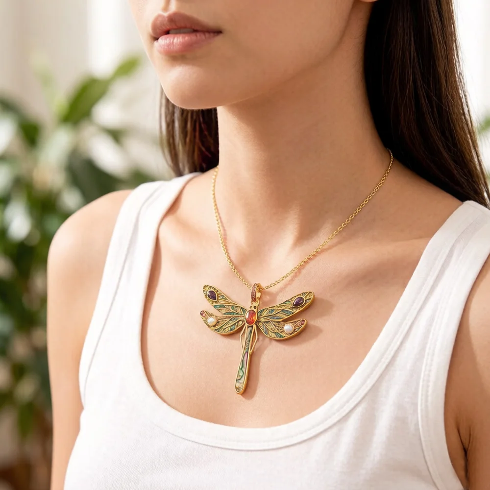 Necklace Golden Dragonfly Summer Brand New Fine Jewelry Europe 925 Sterling Silver Gift For Women