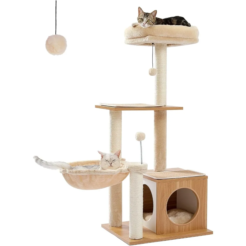 PEQULTI Cat Tree Modern Cat Tower for Indoor Cats,Multilevel Cat Play House with Large Condo, Spacious Hammock, Cozy Top Perch,S