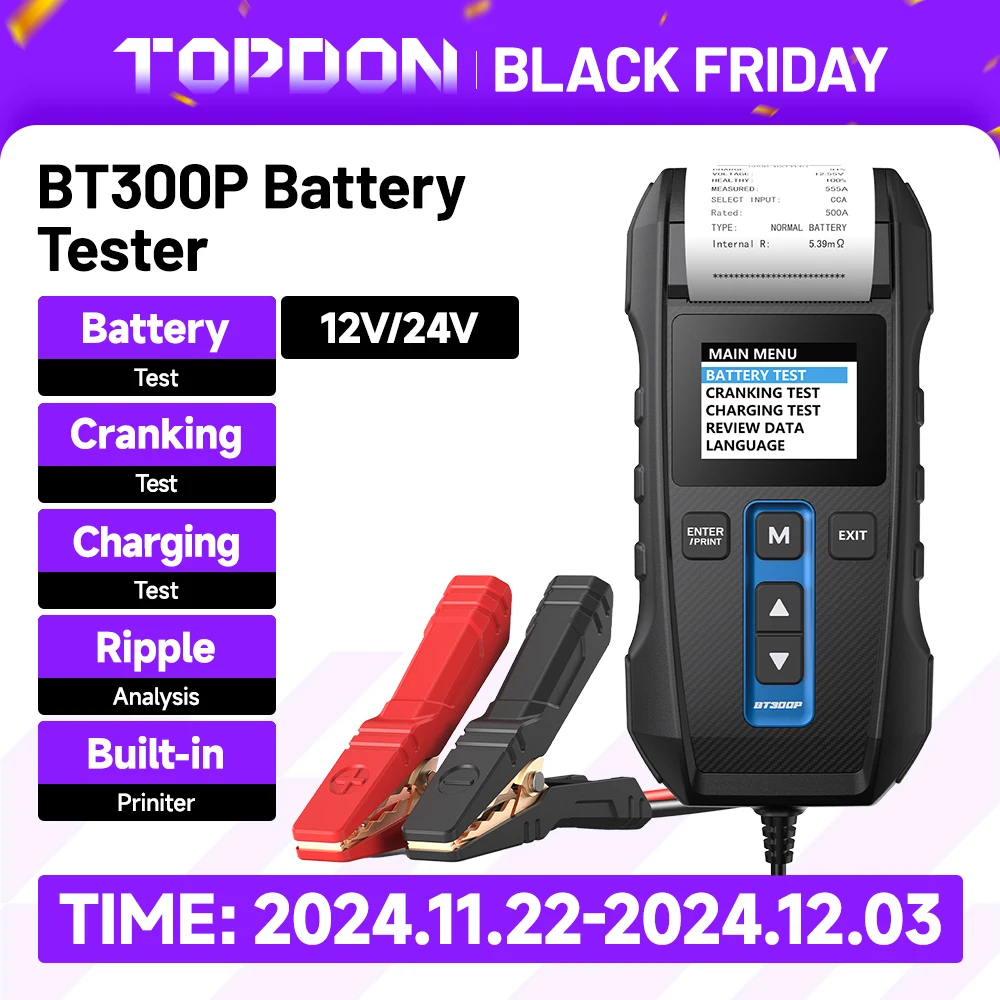 TOPDON BT300P Battery Tester with Printing 12V Digital Charging Cranking Test Tools for Car Auto Analyzer Vehicle 100-2000CCA