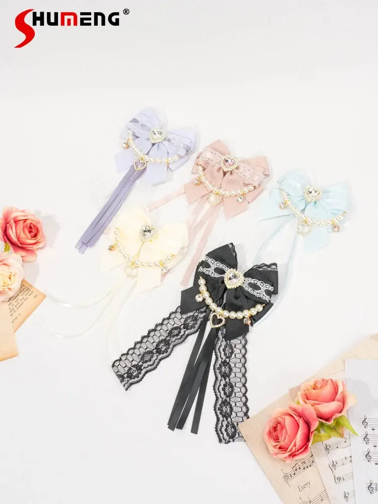 

Japanese Style Sweet Pearl Chain Lace Bow Barrettes Hairclips Woman Cute Handmade Rhinestone Ribbon Jewelry Hair Clips for Girls