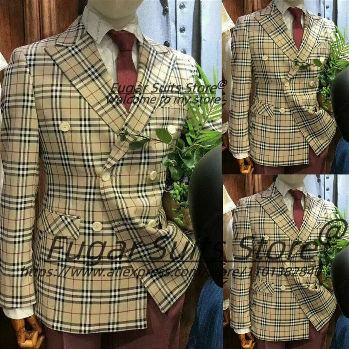 British style Casual Plaid Men Suits Slim Fit Double Breasted Groom Prom Tuxedos 2Pieces Sets Handsome Male Blazer Costume Homme