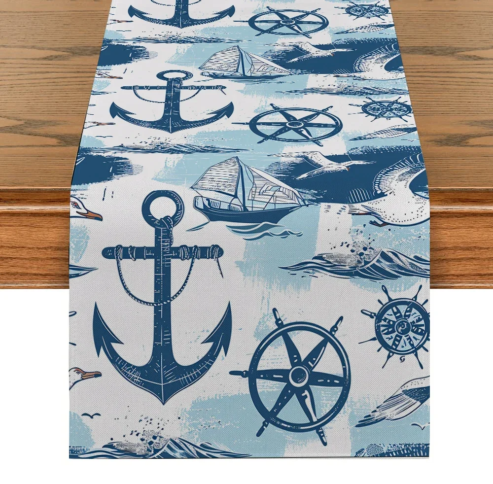 Watercolor Style Table Runner Home Kitchen Table Decoration Ocean Boat Sailboat Anchor Tablecloth Dresser Party Dinnerdecoration