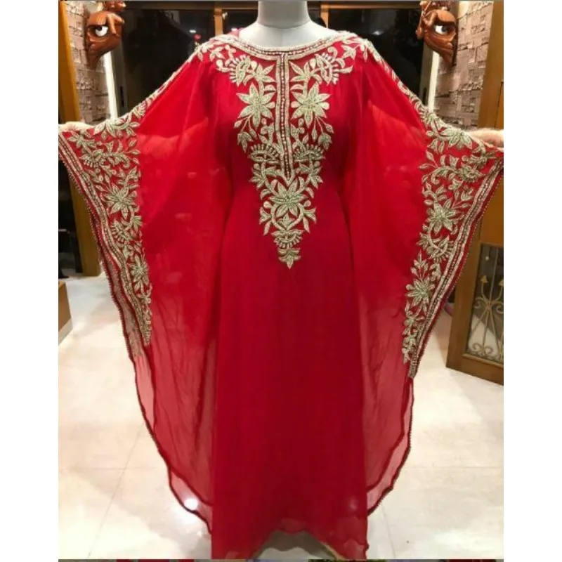 

Red Fancy Moroccan Islamic Kaftan Farasha Party Jalabiya Floor Long Skirt Indian Dress