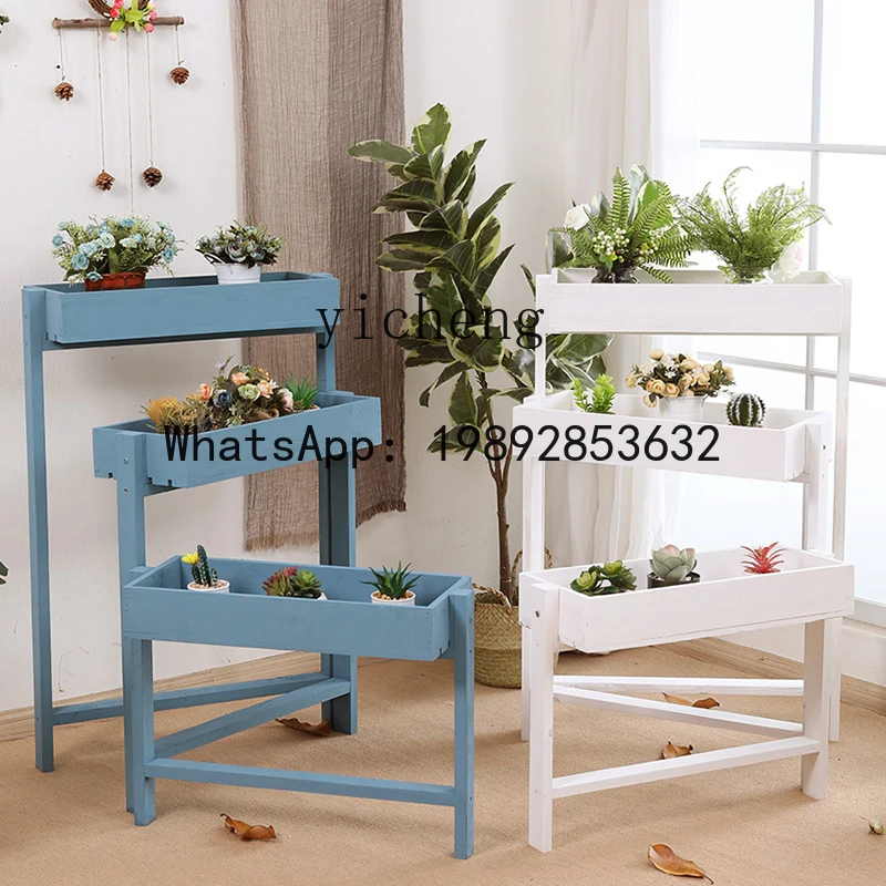 Balcony Flower Stand Outdoor Anti-Corrosion Solid Wood Three-Layer Ladder-Shaped Flower Shop Wooden Storage Rack