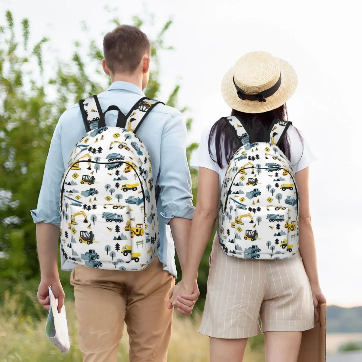 Blue Construction Trucks And Site Theme Student Backpack School Bag Hiking Travel Daypack for Men Women Bookbag Shoulder Bags