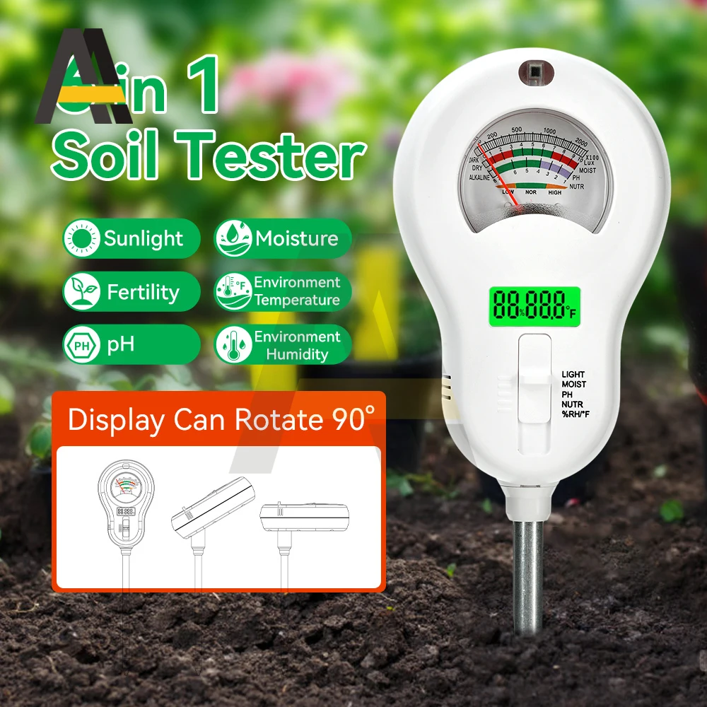 6 in1 다기능 디지털 토양 테스터 회전식 디스플레이 포함 pH 습도 온도 빛 수분 비옥도 측정