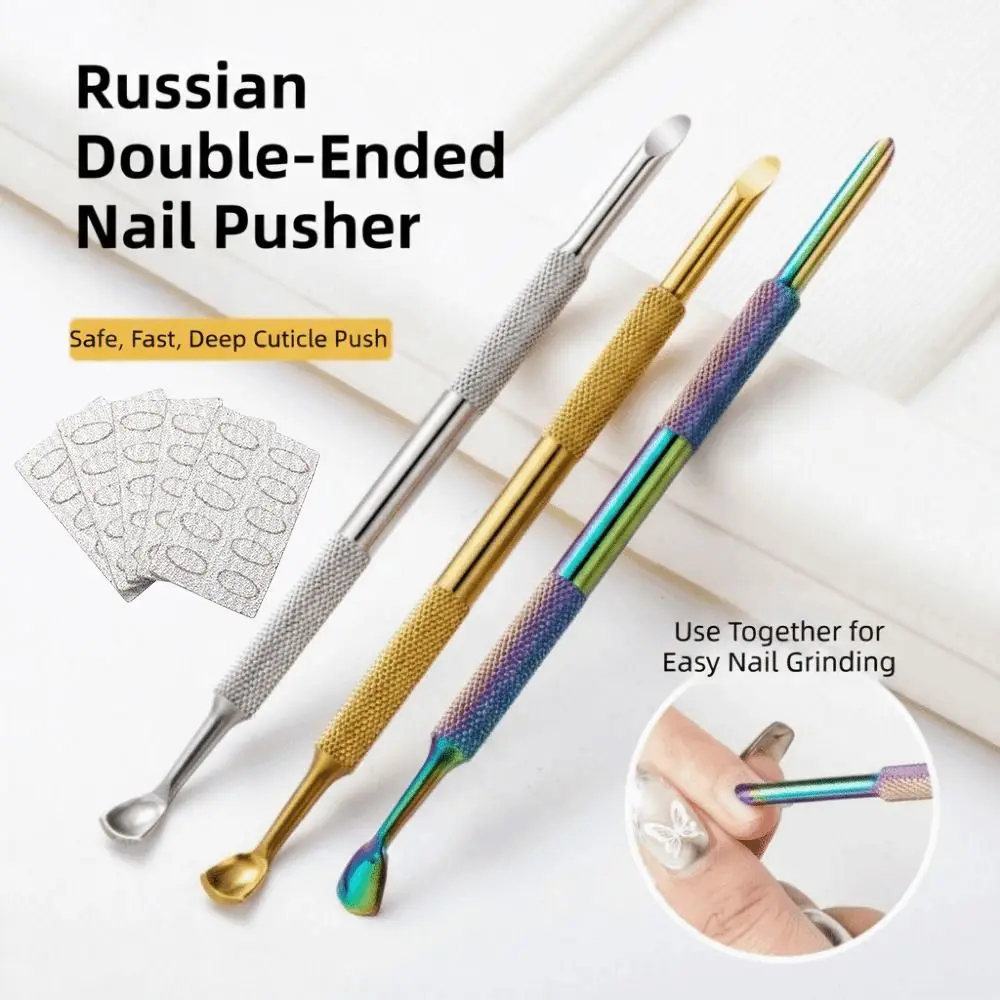Stainless Steel Cuticle Pusher Double-Headed 100# 150# 240#, Horse Shoe Pusher Sanding Sandpaper Angled Cuticle Remover Nail Art