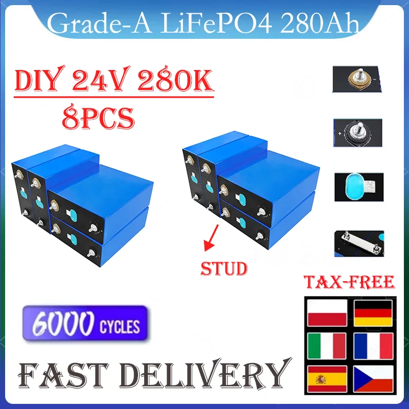 

8PCS NEW 3.2V 280Ah Lifepo4 Rechargeable Battery 3C High power diy 12v 24v Electric car RV golf cart Inverter Home Solar storage