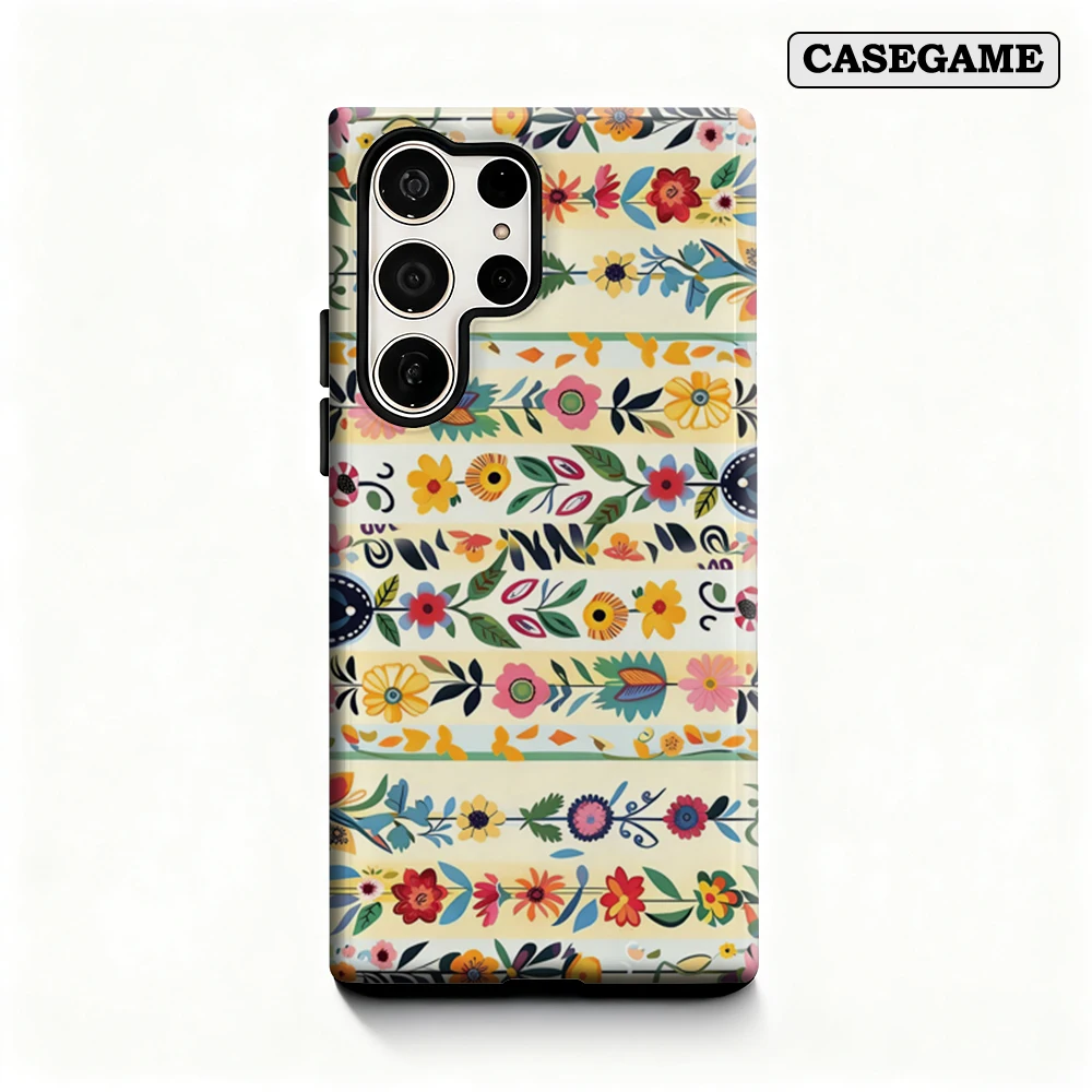 Casegame Phone Case for Samsung Galaxy S25 S26 Ultra S24 S23 Ultra Plus Shockproof Double Layer Folk Floral Stripe Print Cover