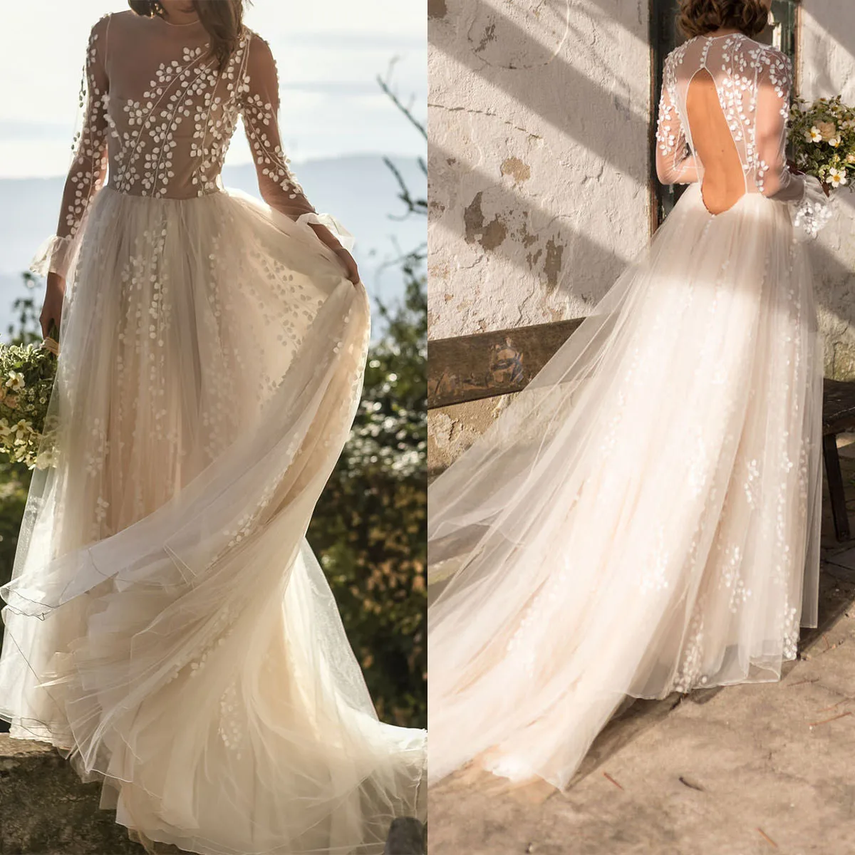 Vestidos de casamento de praia marfim, Pura Jewel Neck, Lace Boho, Vestidos De Noiva Boêmios, Manga Longa Sem Costas, Vestido De Noiva