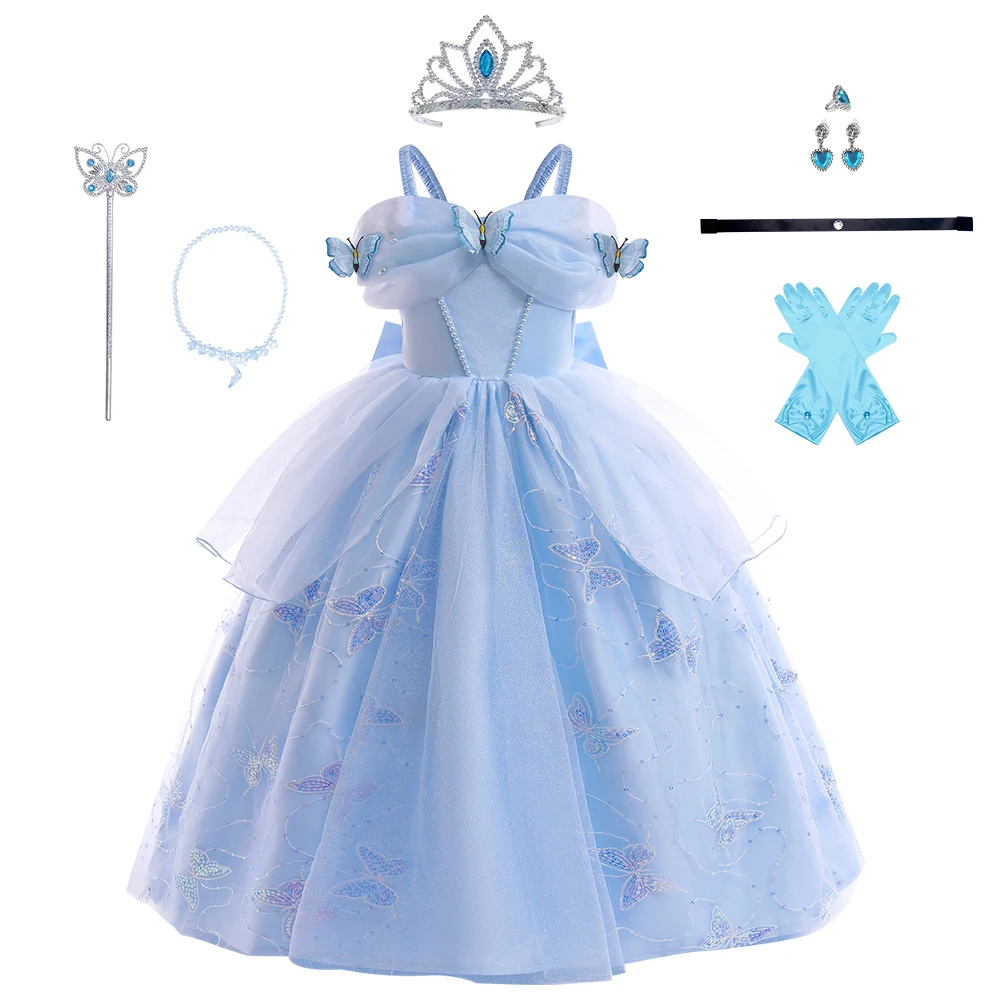 Girls Party Dresses Cinderella Girls Blue Cosplay Costume Sequins Butterfly Princess Dress With Accessories Kids Carnival Dress