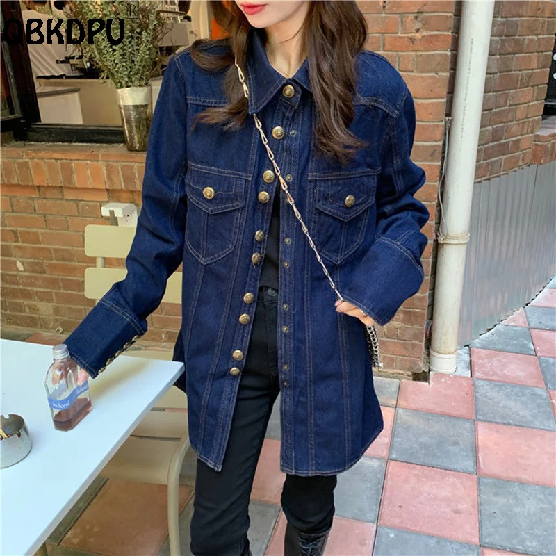 British Design Dark Blue Denim Shirt Women Chic Single-Breasted Vintage Blouses 2023 Spring Tops Long Sleeve Casual Jean Blusas