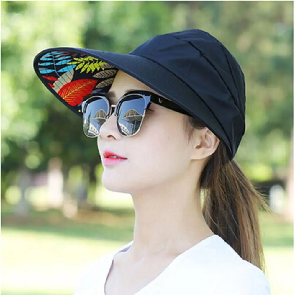 Fashion Foldable Sun Hat Golf Cap Wide Brim Beach Cap Anti-UV Sun Visor Ponytail Hat Summer