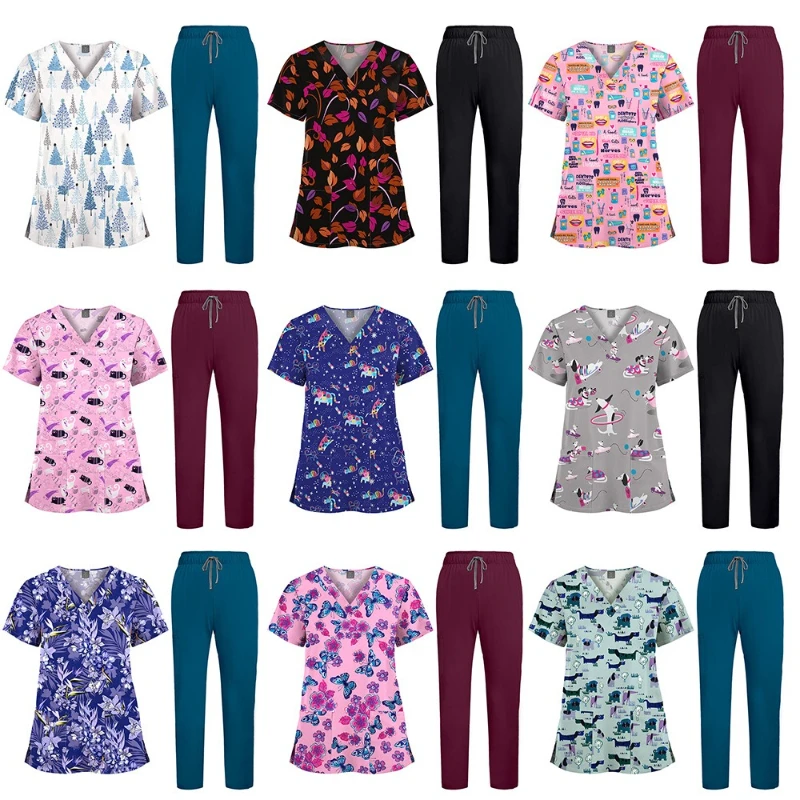 

Универсальный комплект медицинской униформы с V-образным вырезом и цветочным принтом, эластичный, быстросохнущий, для врачей и медсестер педиатрических клиник и больниц