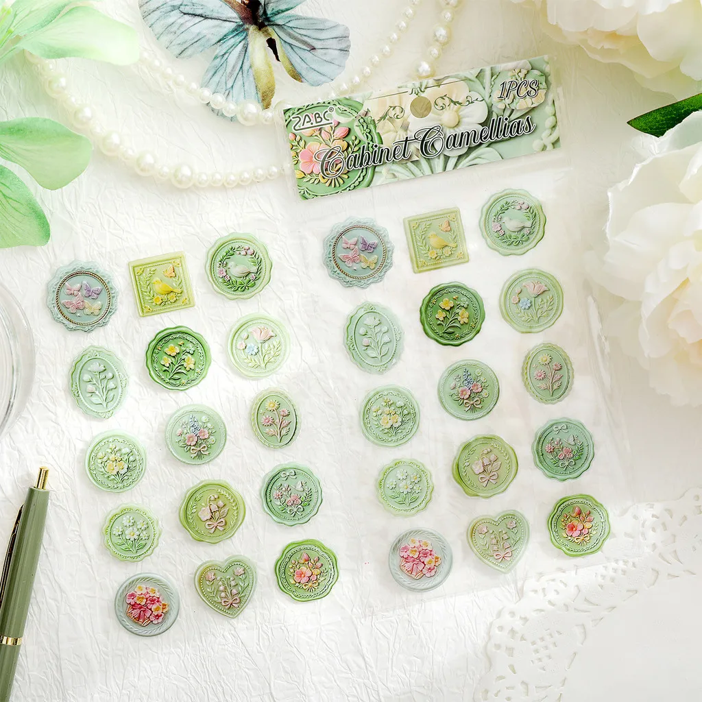 1 Sheet with 15Pcs Wax Seal Resin Drop Flat Stickers for Scrapbooking Collage DIY Junk Journal Craft Supplies