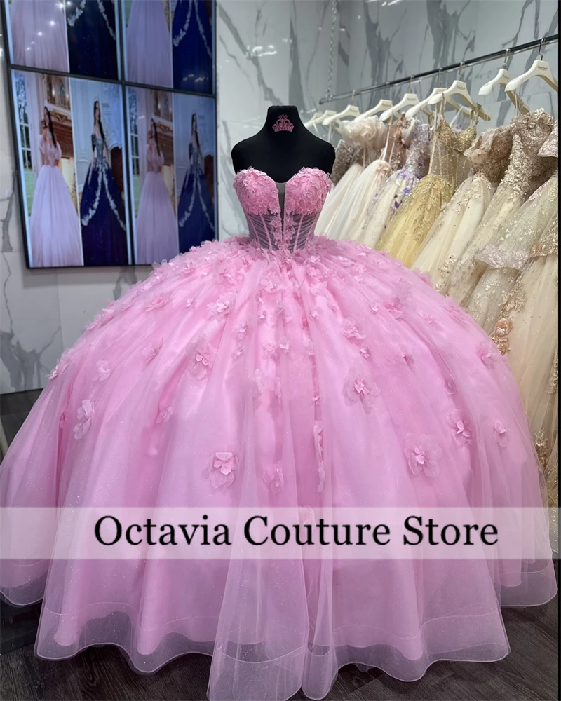 المكسيك الوردي حبة فساتين Quinceanera الكرة ثوب ثلاثية الأبعاد زهرة فستان فاخر المرأة 2024 الحبيب ثوب رسمي الحلو 16 مخصص