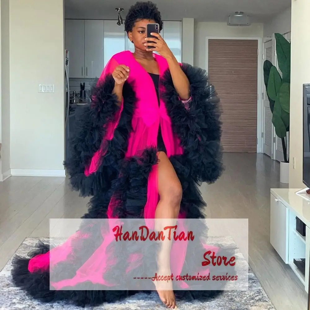 Colorful See-Through Tulle Maternity Kimono Long Layered A-Line Ball Gown with Ruffles Puffed Sleeves for Boudoir Use