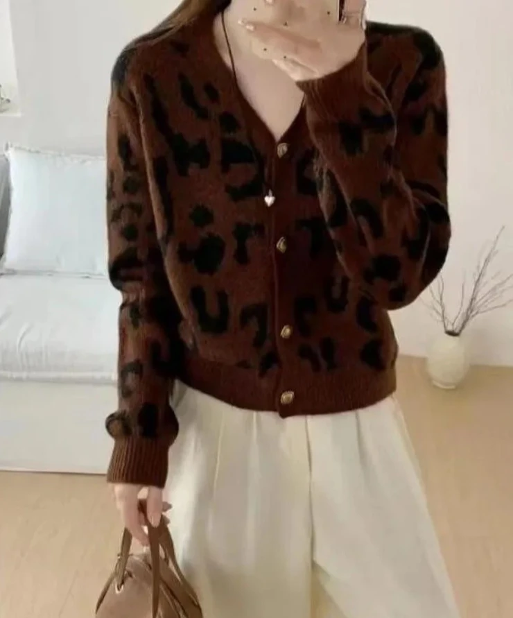 V-ausschnitt Strickjacke Jacken Leopard Print Alle Spiel Sueter Mujer Koreanische Pull Femme Mode Gestrickte Lose Pullover