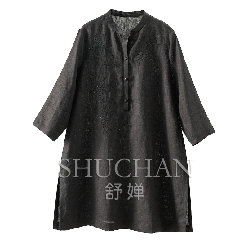 

Chinese Style Elegant, Temperament Commuting 100 Linen Sequins Embroidery A Version Medium and Long Shirt Women 5Z95