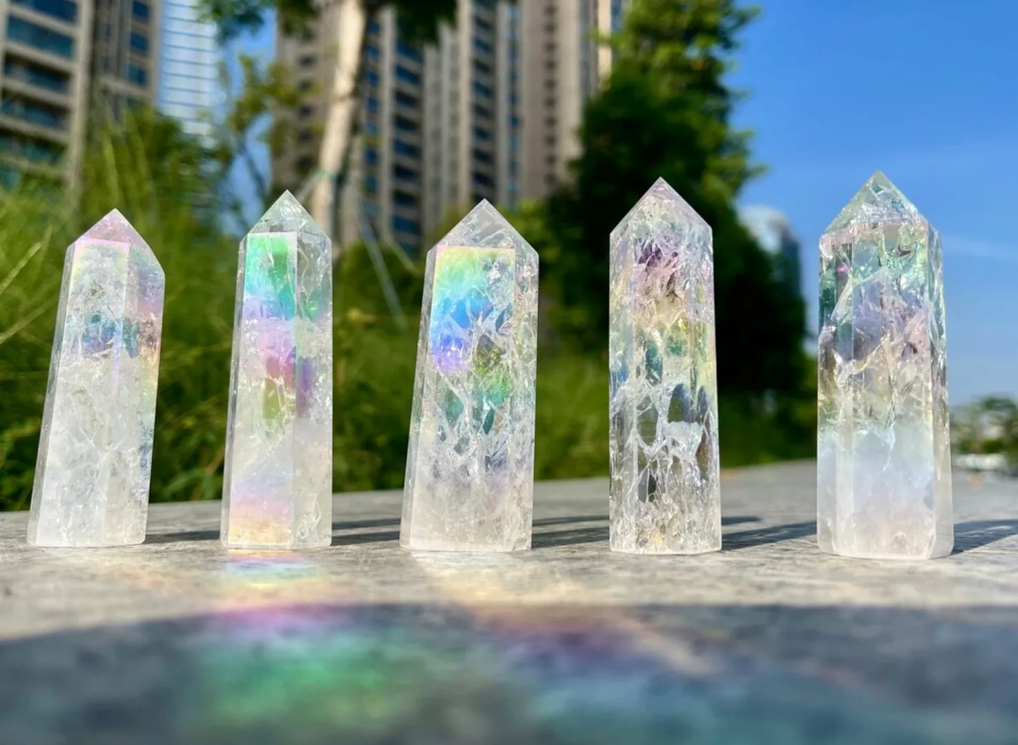 Natural Rainbow Aura Fire and Ice Crystal Tower Crackle Quartz Point Home Decor