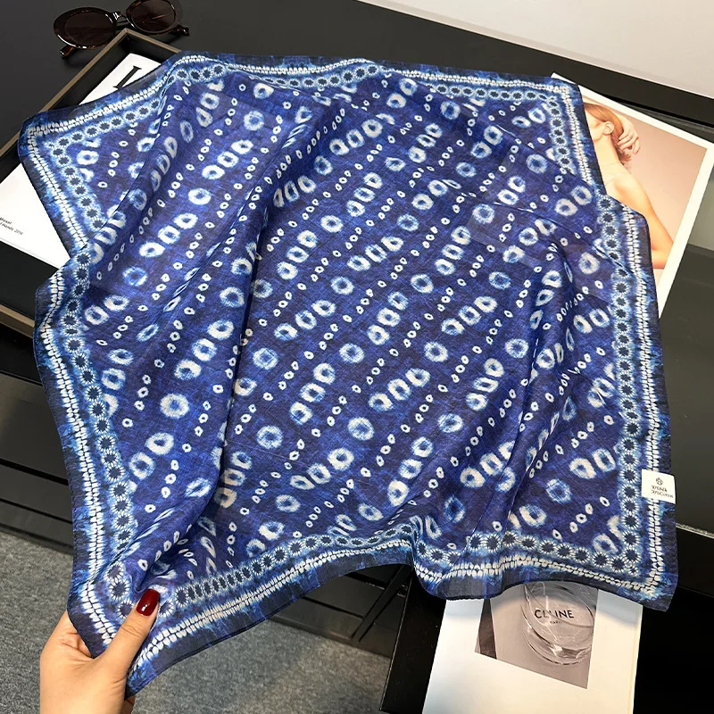 

New luxury Silk Cotton Blue Dot Print Square Scarf Women 70cm Bandana Neckerchief Bag Scarf Kerchief Versatile Fashion Accessory