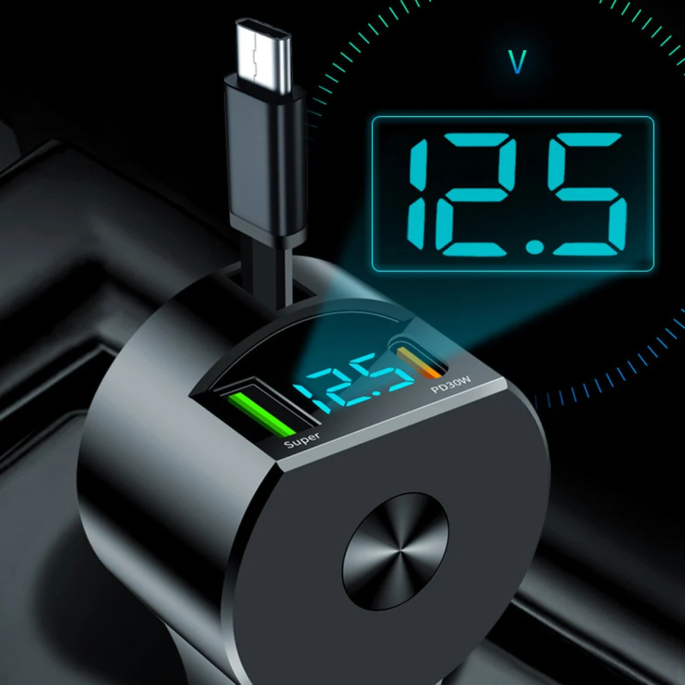 شاحن سيارة سوبر سريع قابل للسحب شاحن هاتف السيارة Usb Qc3.0 نوع C Pd شحن سريع كابلات قابلة للسحب كشف الجهد