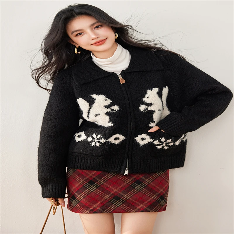 ADAgirl Kawaii Eekhoorn Grafische Vrouwen Vest Oversized Trui Rits Lange Mouw Truien Cutecore Kerst Winterkleding