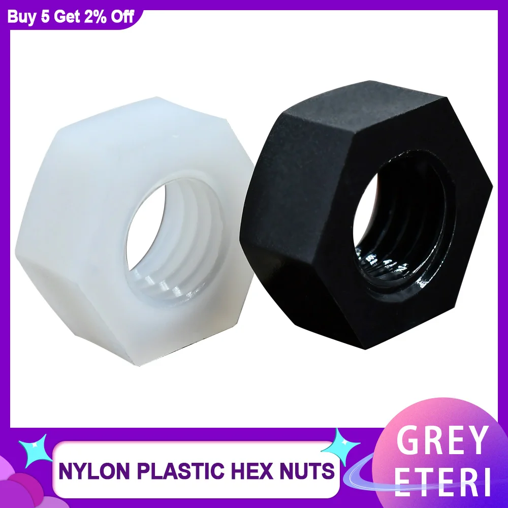 Weiße oder schwarze Nylon-Sechskantmuttern, Sechskant-Kunststoffmuttern mit metrischem Gewinde, geeignet für Schrauben, Bolzen, 10–50 Stück, M2-M20 für elektrische Isolierung