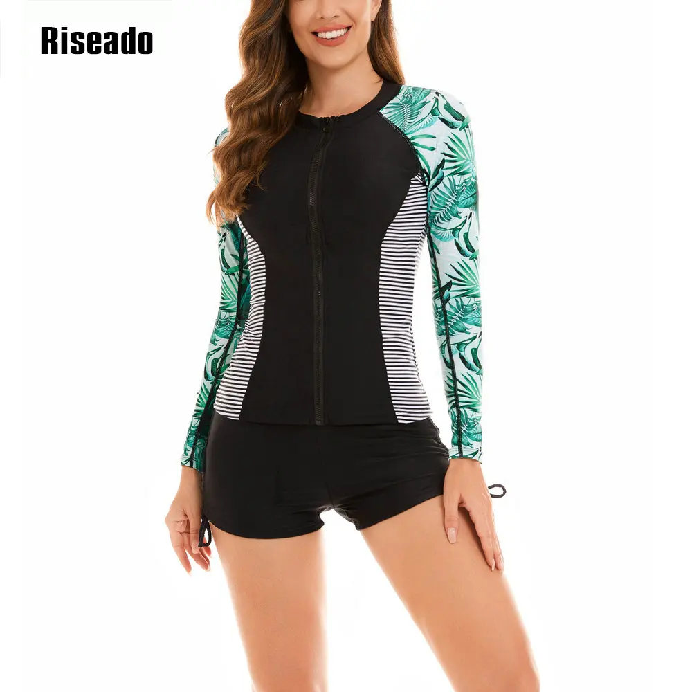 Riseado Rash Guard Top da donna con cerniera manica lunga due pezzi costumi da bagno UPF 50+ protezione UV costume da bagno