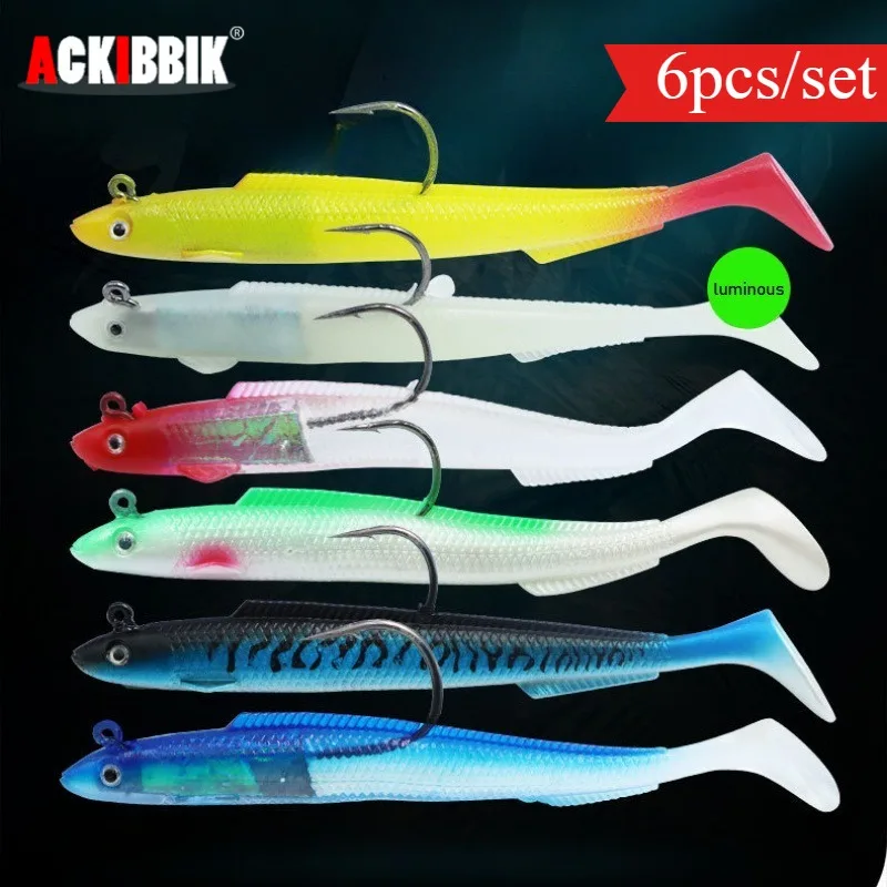 

Ackibbik 6pcs 15mm/5.9inch Pre-Rigged Jig Head Paddle Tail Swimbait Silicone Swimbait Big Game Soft Bait for Sea Fishing